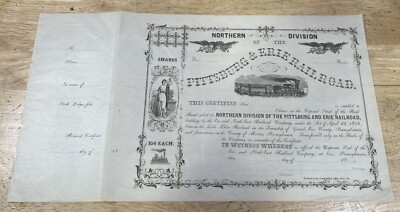 #ad Org. 1860 Railroad Stock Certificate Northern Division Pittsburg amp; Erie Railroad $74.99