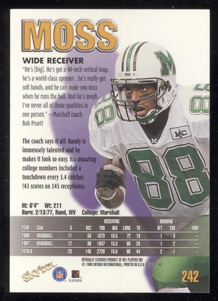 242 RANDY MOSS ROOKIE RC 1998 SKYBOX THUNDER VIKINGS NFL FOOTBALL - Image 2 of 2