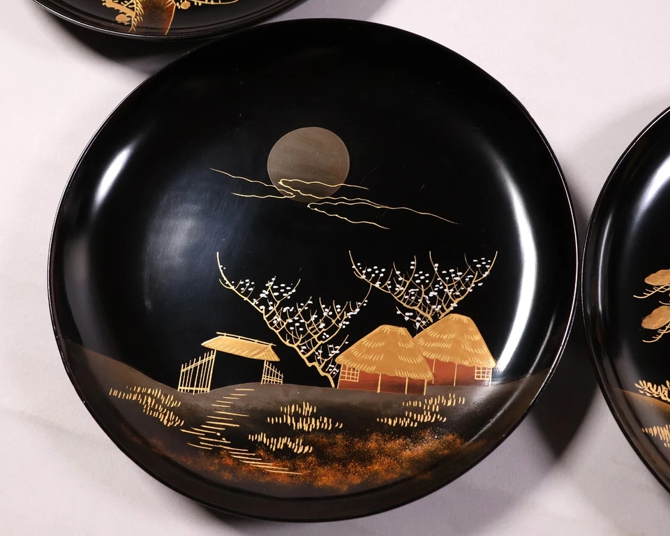 Японский лак набор из 5 деревянных пластин 7,28 дюйма различные золотой узор эпохи Мэйдзи - Изображение 4 из 4