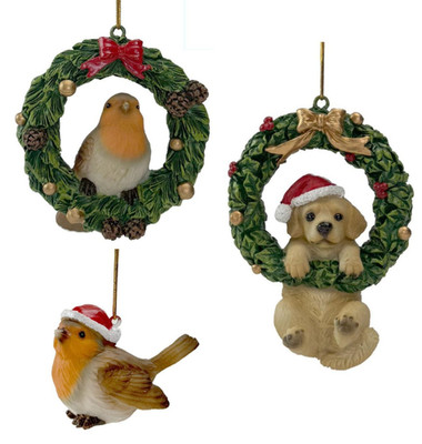Christbaumschmuck aus Harz - Hund Rotkehlchen niedliche hängende Ornamentkugel