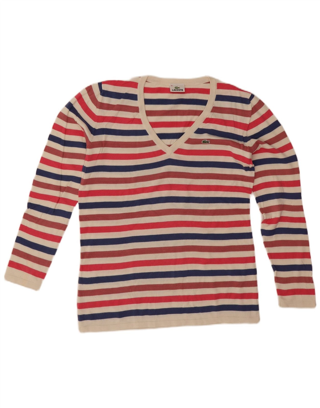 Lacoste Womens V-Neck Jumper Sweater Size 42 Large Multicoloured Striped CH10