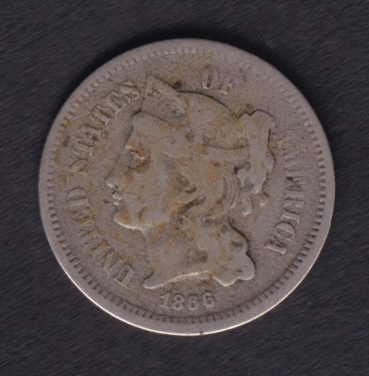 United States 1866 3c Three Cent Nickel Coin Minted In Philadelphia .900 Silver - Image 2 of 2