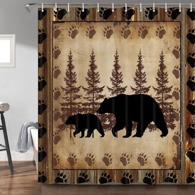 Rustic Cabin Shower Curtain Set, Farmhouse Country Antique Bear Moose Forest 