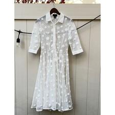 GRACIA White 3/4 Sleeve Button Front Mesh Dot Midi Dress Size M