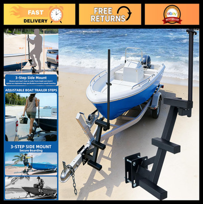 Heavy Duty Adjustable Boat Trailer Steps - 3-Step Ladder with Rail, Non-Slip, Mu