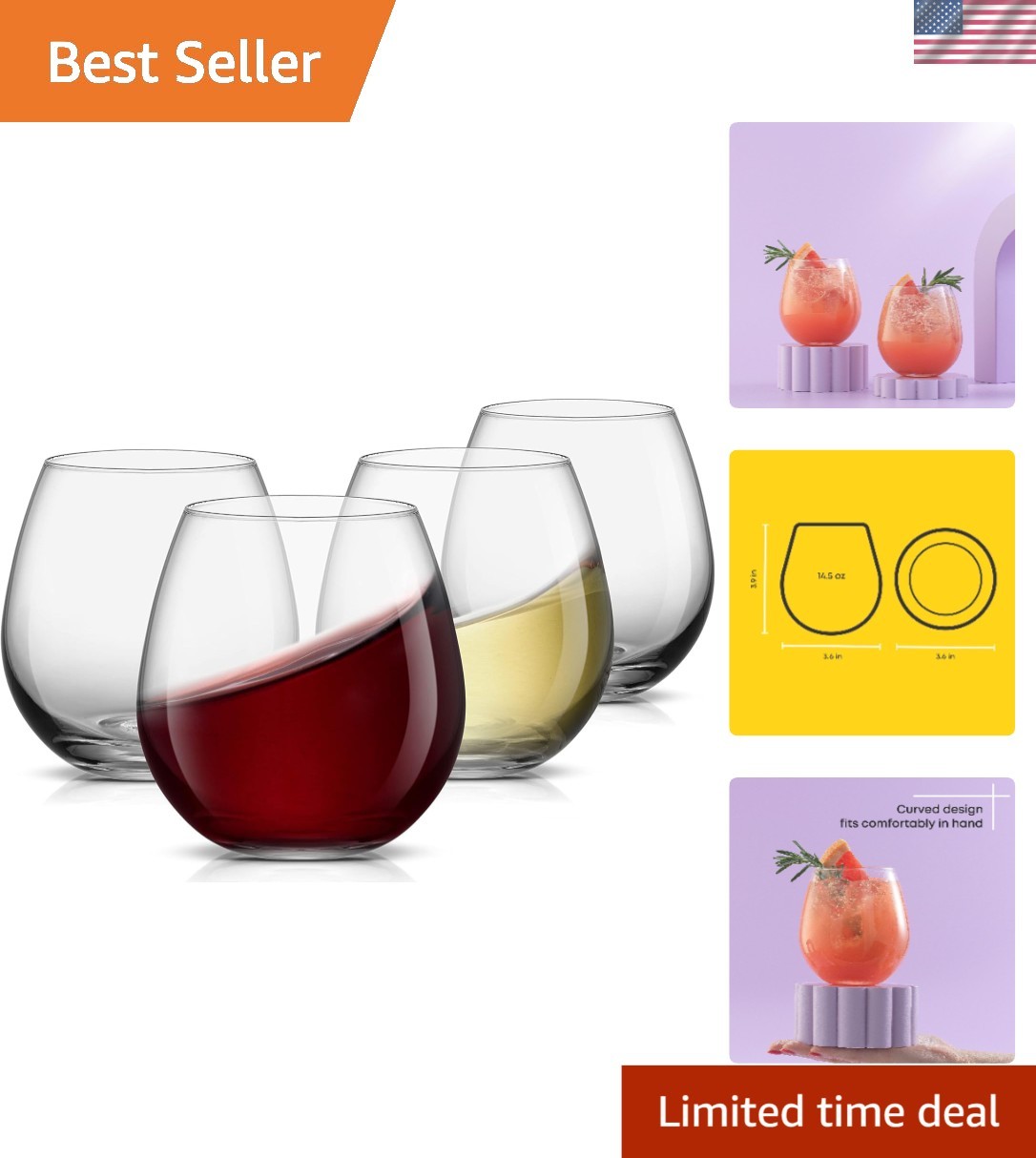 Durable 15 Oz Stemless Wine Glasses Set of 4 - Dishwasher Safe for Easy Care