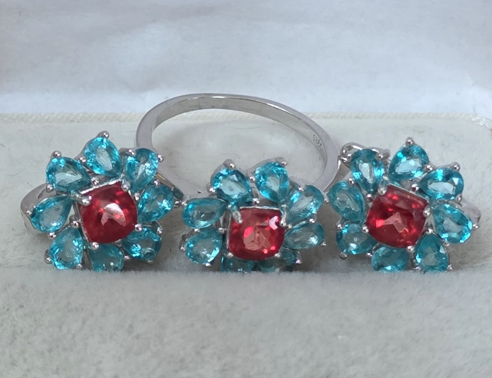 Red & Blue Topaz 14K White Gold Over 925 Sterling Earrings & Ring Set 5.10 ctw - Image 2 of 4