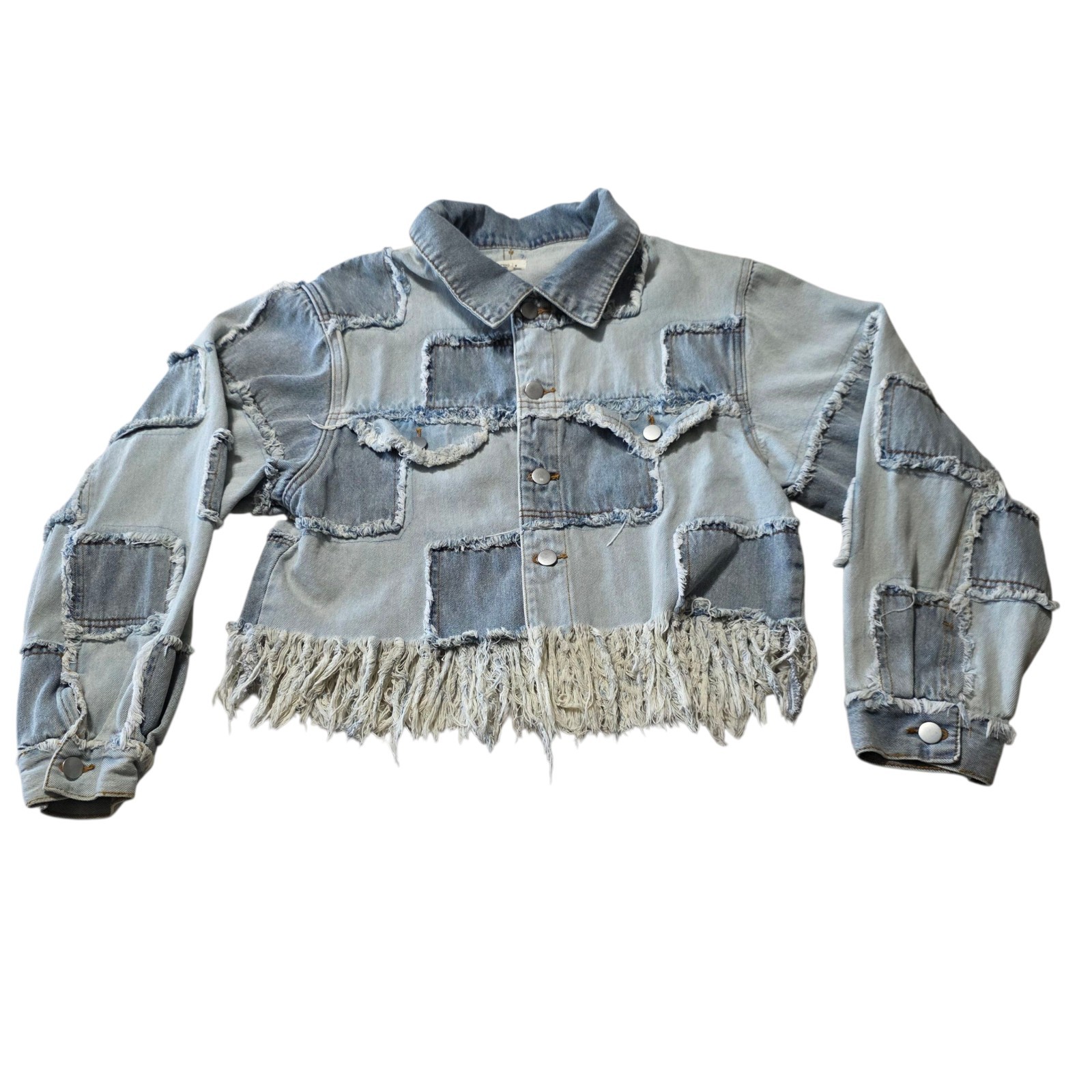 POL Distressed Patchwork Denim Jacket Fringe Hem … - image 3
