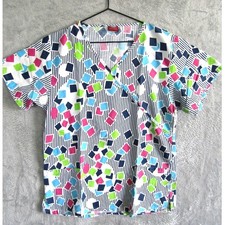Sherly Uniforms Scrub Top Womens Medium Retro Geometric Squares Stripes V-Neck