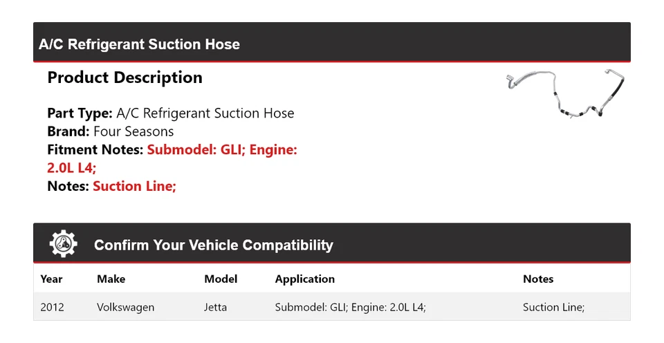 For 2012 Volkswagen Jetta GLI 2.0L L4 A/C Refrigerant Suction Hose 4 Seasons - Image 2 of 3