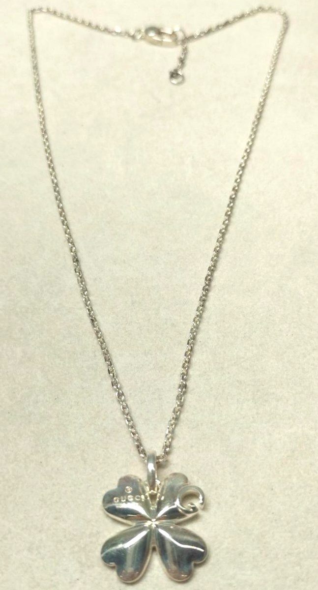 GUCCI G Logo Four Leaf Clover Sterling Silver 925 Pendant Necklace