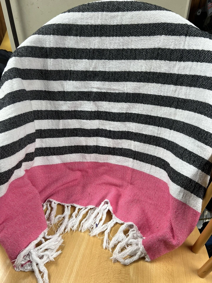Victoria's Secret Pink Black White Stripe Throw Blanket Towel Fringe 41" x 56" - Image 3 of 4