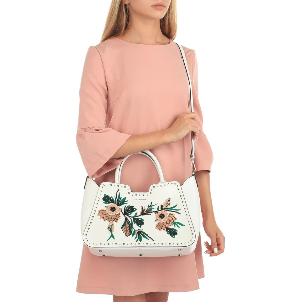 $391 Bolso de Mano CROMIA Hecho en Italia Cuero Blanco con Cuentas Bordadas Flores Foto 2 de 4
