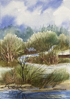 5 x7  Original Watercolor Pamela Wilhelm Hillside Barns Road River Landscape