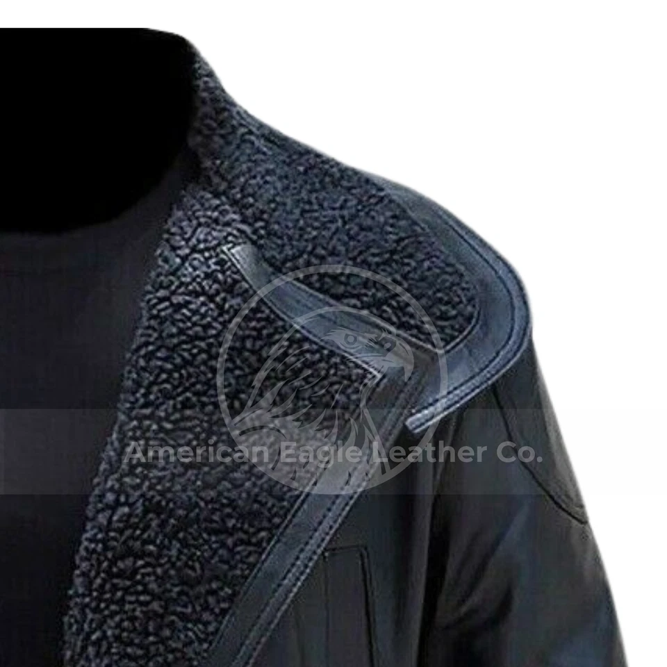 Gabardina de piel de oveja real de la RAF para hombre chaqueta de cuero negra con cinturón Foto 3 de 4