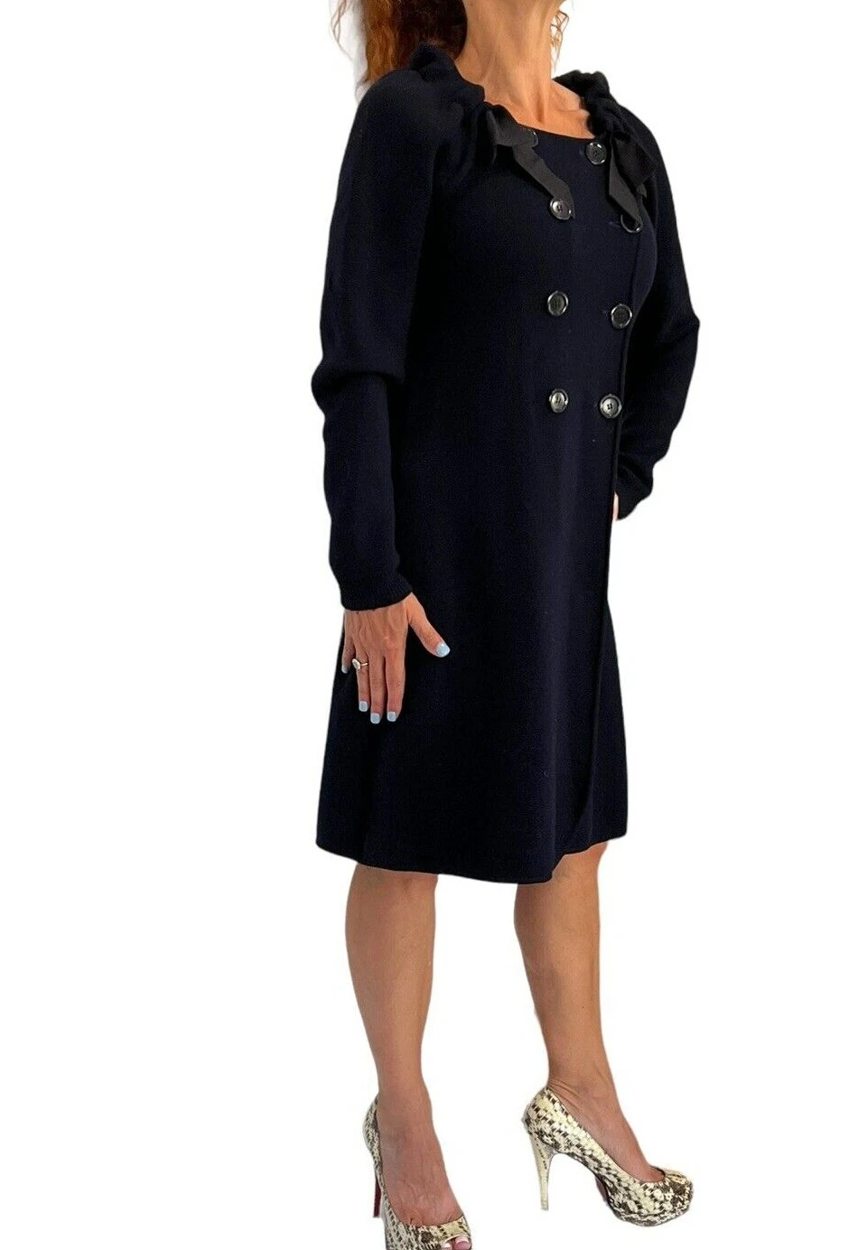 Abito cappotto Moschino blu navy nero fiocco doppiopetto maglia lana M