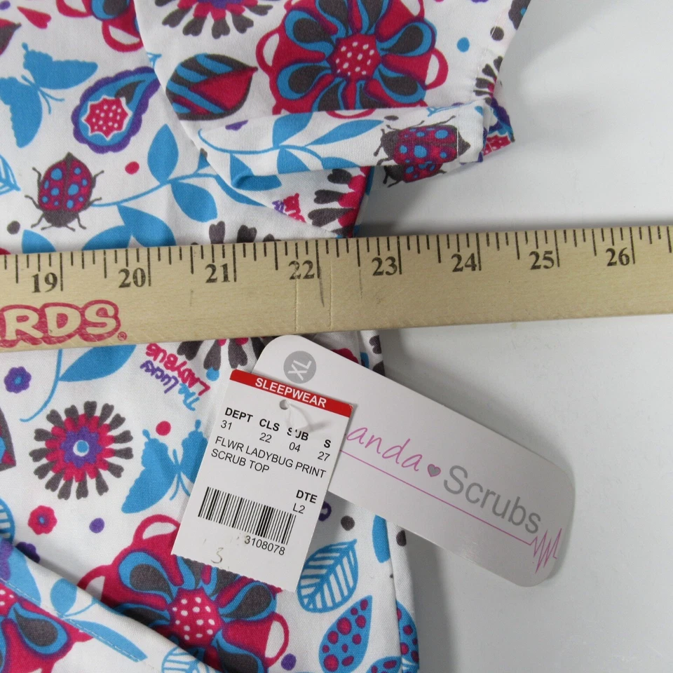 Amanda Scrubs  Multicolored Floral Cinch Back Faux Wrap Scrub Top Size XL NWT - Image 3 of 4