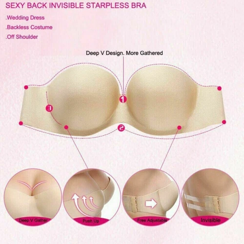 Strapless Padded Push Up Bra Clear Back Straps Bras Wedding Party Invisible Bra - Picture 4 of 14