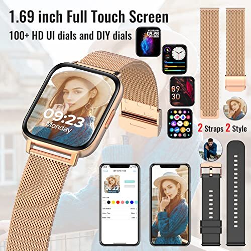 Reloj inteligente para mujer, reloj de pulsera con pantalla táctil de 1,69 pulgadas con función de llamada Bluetooth, - Imagen 8 de 9