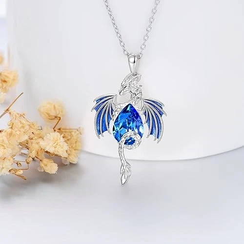 Teardrop Shaped Rhinestone Decor Dragon Pendant Necklace - Blue - Picture 1 of 7