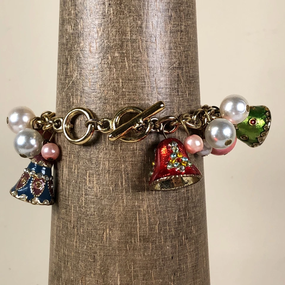 JB Women Dress Faux Pearl Bell Charm Gold Bracelet Christmas 25mm Watch 6" - Image 4 of 4