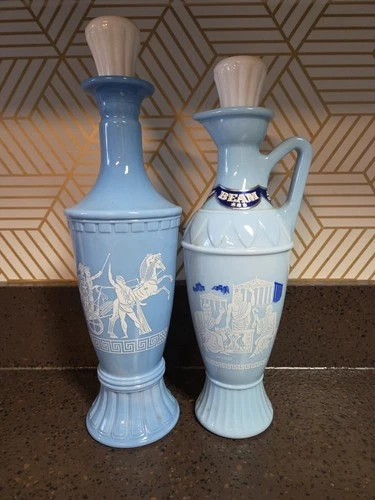 2 Vintage 1960s Jim Beam Blue Milk Glass Greek Chariots Liquor Decanter EMPTY