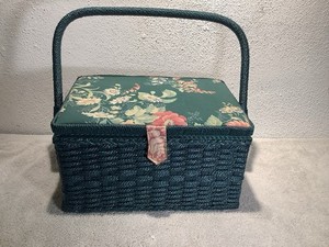 Vintage Green and Flowers Sewing Basket with Handle and Plastic Tray