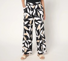 Denim and Co Beach Jersey Petite Full Length Wide Leg Pant Size XXSP Black Leaf