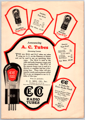 1927 Print Ad Ce Co Mfg Providence RI Radio Tubes AC Alternating Current