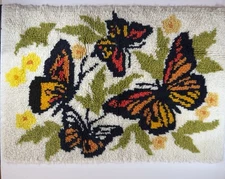 Vintage Mid Century 1970’s Latch Hook Rug Tapestry Butterflies Multicolor 34x25