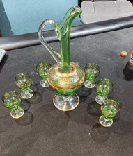 Vintage Green, Gold, and Clear Decanter and 6 Wine Glasses