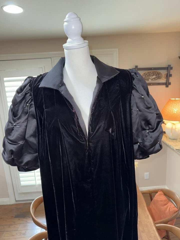 Maxi Vestido De Colección David Brown X Saks Terciopelo Negro Satén Mangas Abullonadas L EE. UU. Opera Foto 4 de 4