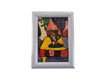 Small Acrylic Colorful Painting of Woman at the Table by Jose Santos Guerra
