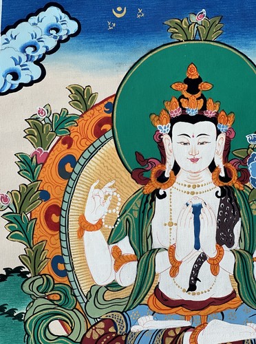 AVALOKITESHVARA/ CHENREZIG ORIGINAL TIBETAN THANGKA PAINTING WITH SILK BROCADE - Picture 6 of 13