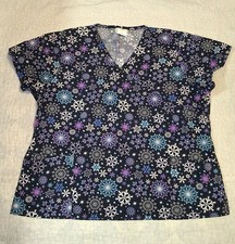 E Libby Scrub Top Snowflakes Black Purple Blue XL