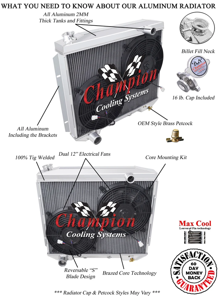 2 Row RS Champion Radiator, 2 12" Fans for 1957 - 1959 Ford Country Sedan V8 Eng - Image 3 of 4
