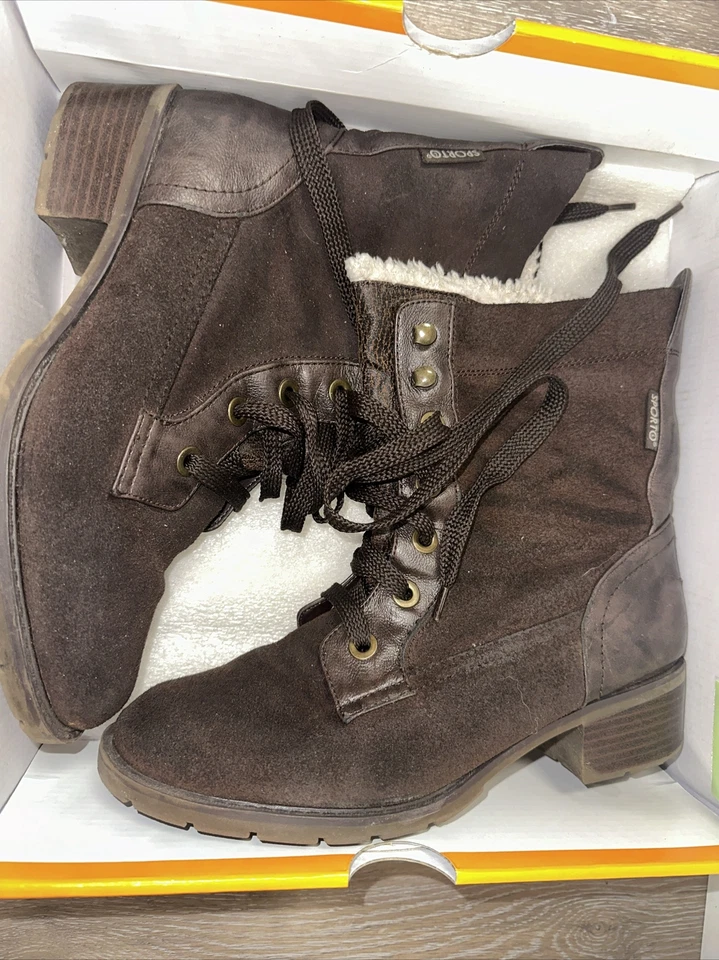 Sporto 系带踝轴棕色/白色 8M 码粗跟女式靴子 — 第 3/4 张图片