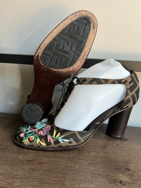 Fendi Zucca Embroidered T-strap Heels sz 37/6-6.5 M | eBay
