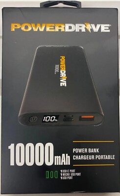 PowerDrive 10000 mAh Power Bank Chargeur Portable USB-C Compatible 20W Power NIB