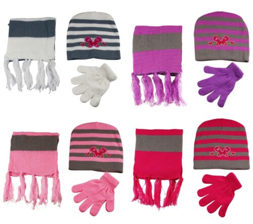 Girls Kids 3 Pices Set Hat Scarf Gloves Beanie Stripe Butterfly - Picture 1 of 5