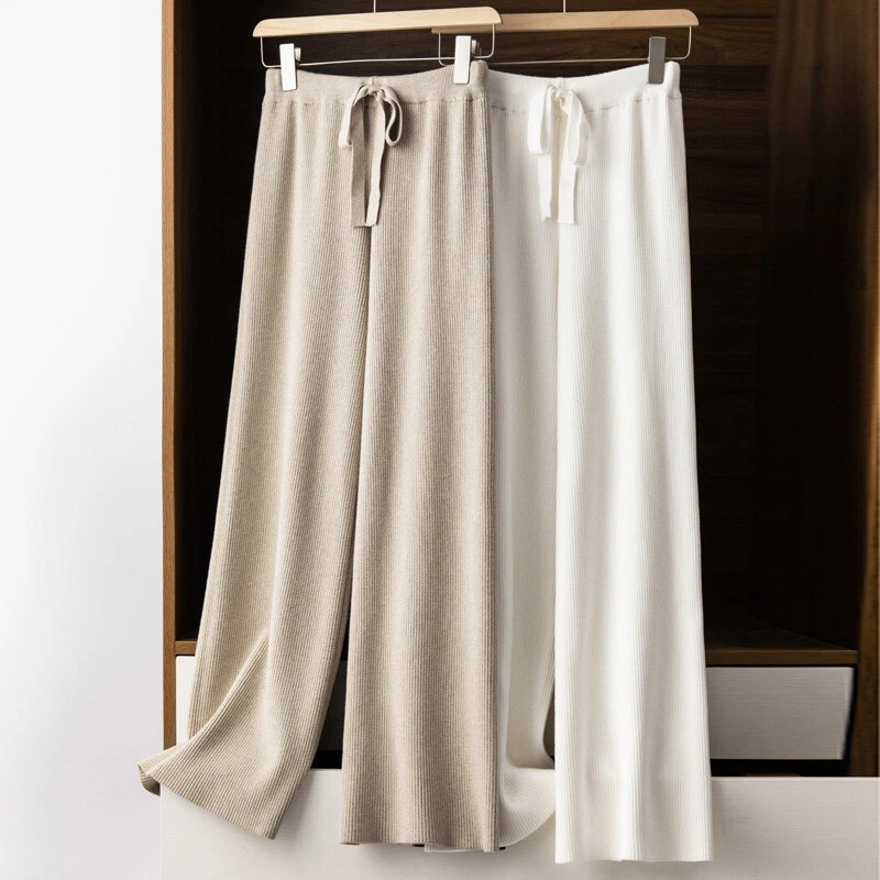 Womens Loose Wide Leg Pants High Waist Wool Cashmere Knitted Straight Long Pants