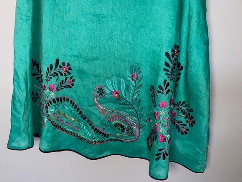 Monsoon Jade green embroidered silk & linen A line skirt size 14 below knee - Picture 2 of 5