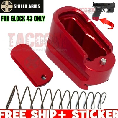 SHIELD ARMS for Glok 43 +2rnd Anod RED Billet Grip Extension Magazine Plate Pad