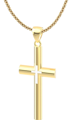 Ladies Two Tone 14k Gold Double Cross Pendant Necklace, 35mm - Main Image