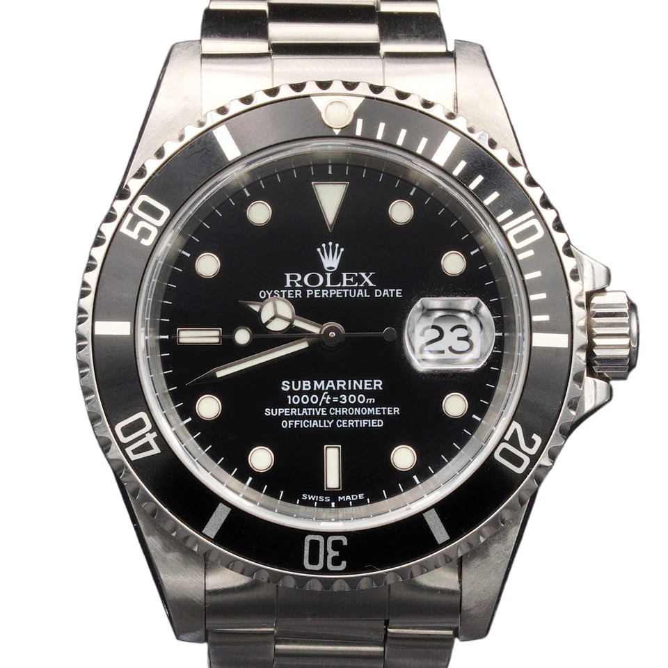Mens Rolex Submariner Stainless Steel Watch w/ Black Dial & Bezel Date Sub 16610