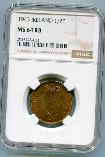 Ireland 1/2 Penny 1943 NGC MS 64 RB  lotjun9944