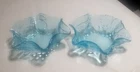 2 pc Vintage blue Depression Glass Ruffled Bowls w/ Grape Leaf Vine Pears fruits