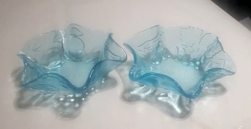 2 pc Vintage blue Depression Glass Ruffled Bowls w/ Grape Leaf Vine Pears fruits