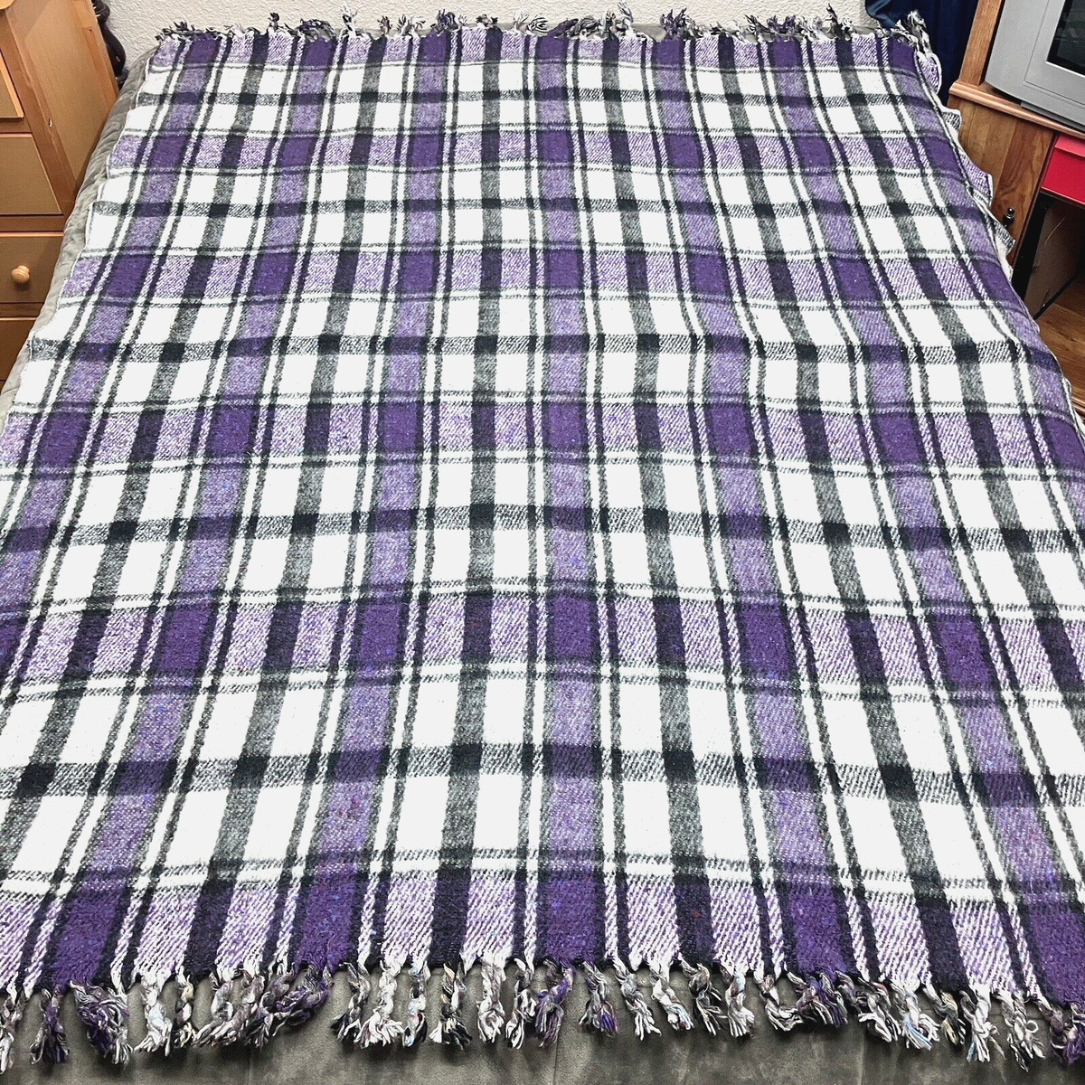 Vintage Heavy Plaid Mexican Queen Size Throw Blanket Reversible