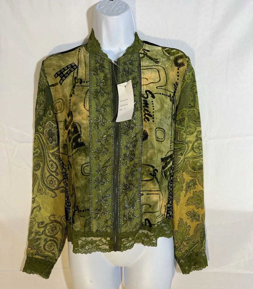 NUEVO CON ETIQUETAS PIANO Y2K Verde Negro Cuentas Malla Encaje Cremallera Top Chaqueta Talla M Estilo 2205